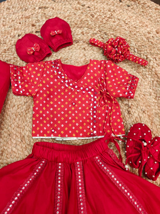 Red Bandhej With Abla Embroidered Girl Jaamna