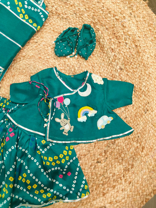 Green Bandhej Fun Embroidery Girl Jaamna