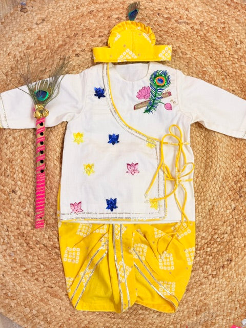 Yellow Bandhej with Basuri and Lotus embroidery