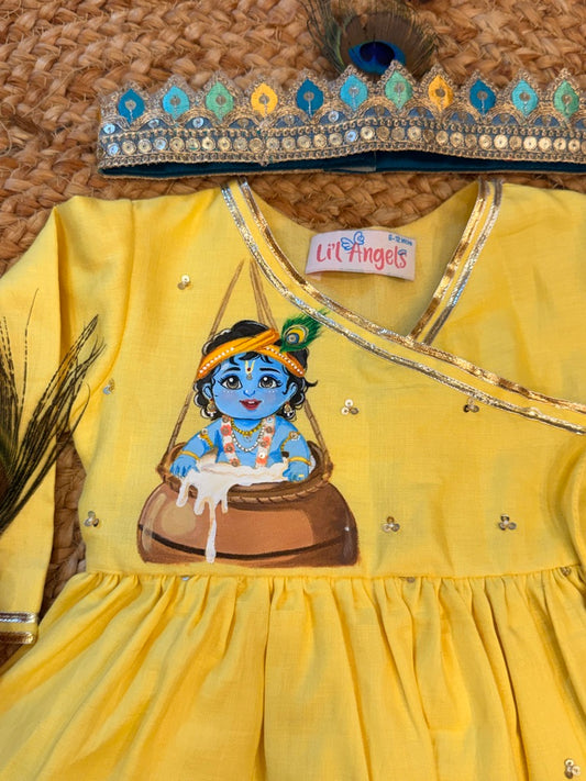 Yellow Handpainted Kanha in Matka Kurta dhoti