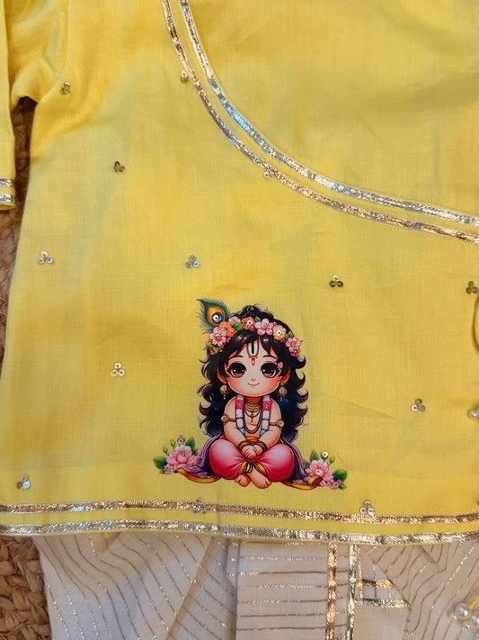 Yellow White Printed Krishna Kurta Dhoti