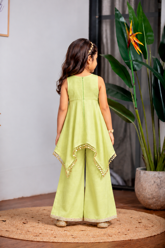Green V Neck Embroidered Asymmetrical Kurti Palazzo Set