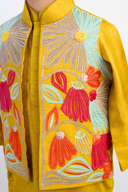 Mustard Embroidered Nehru Jacket Kurta Set