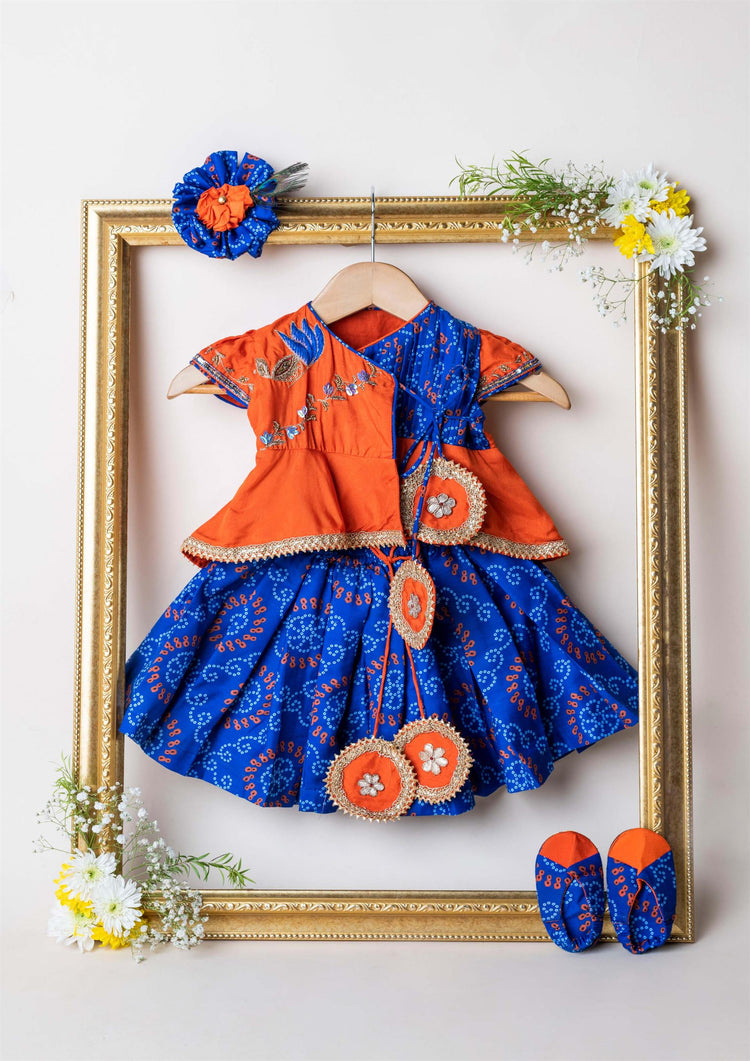 Orange Blue Bandhej Girl Jaamna Set