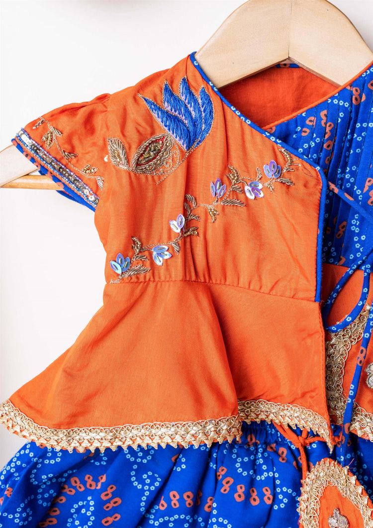 Orange Blue Bandhej Girl Jaamna Set