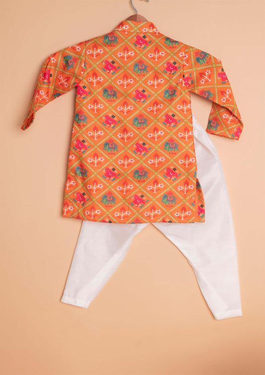 Orange Patola Kurta With Churidar Set