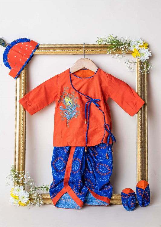 Orange Blue Bandhej Boy Jaamna Set