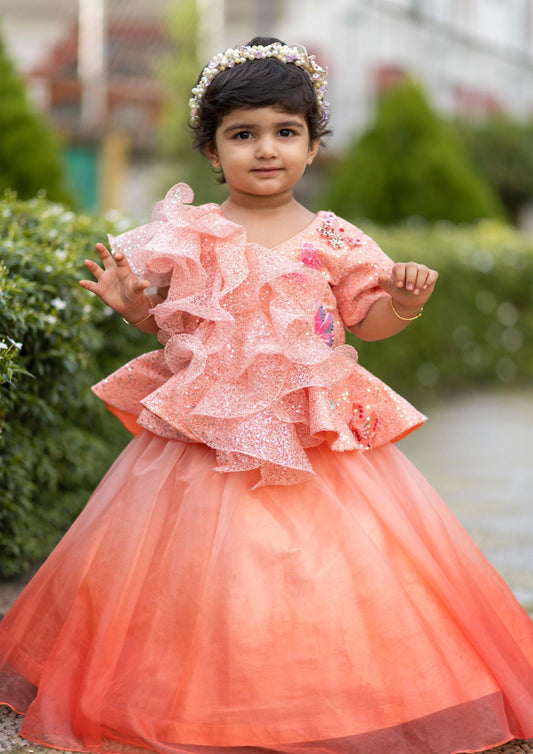 Peach Ruffle Organza Ghaghra