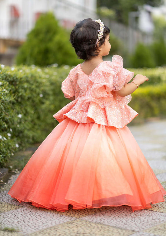 Peach Ruffle Organza Ghaghra