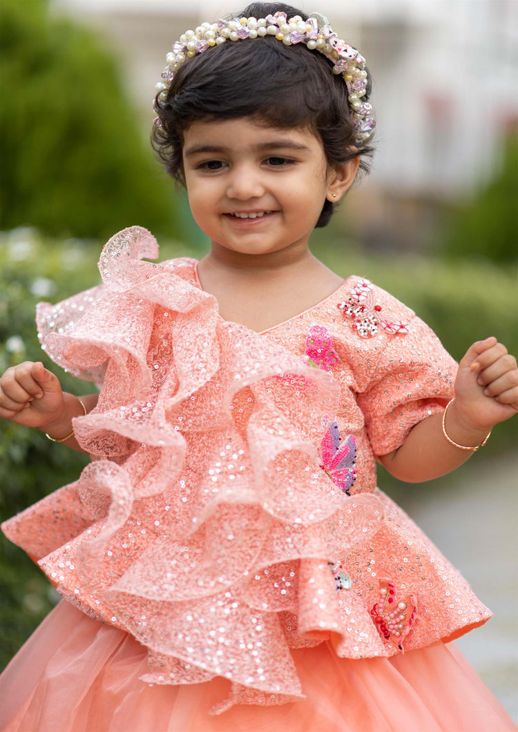 Peach Ruffle Organza Ghaghra