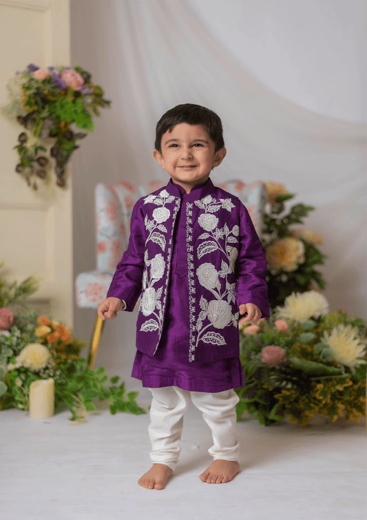 Purple And White Nehru With Kurta Set