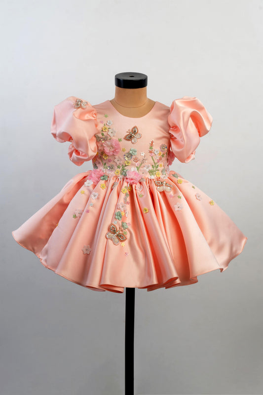 Peach Embroidery Luxury Satin Dress