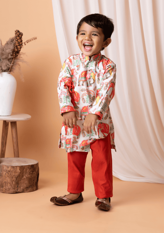 Orange Elephant Kurta Set