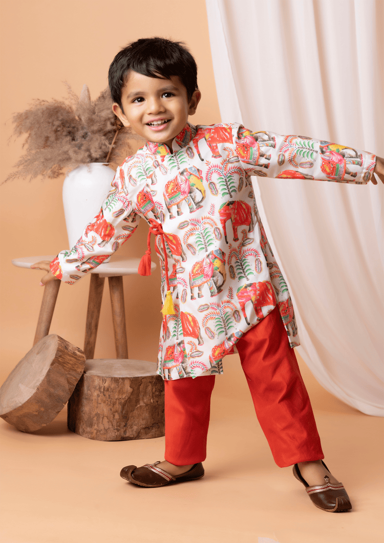 Orange Elephant Kurta Set