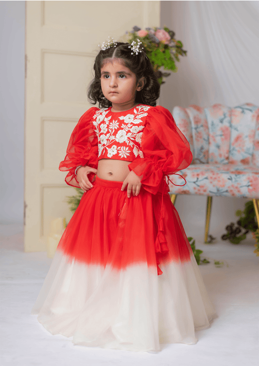 Red And White Embroidered Blouse With Ghaghra And Dupatta