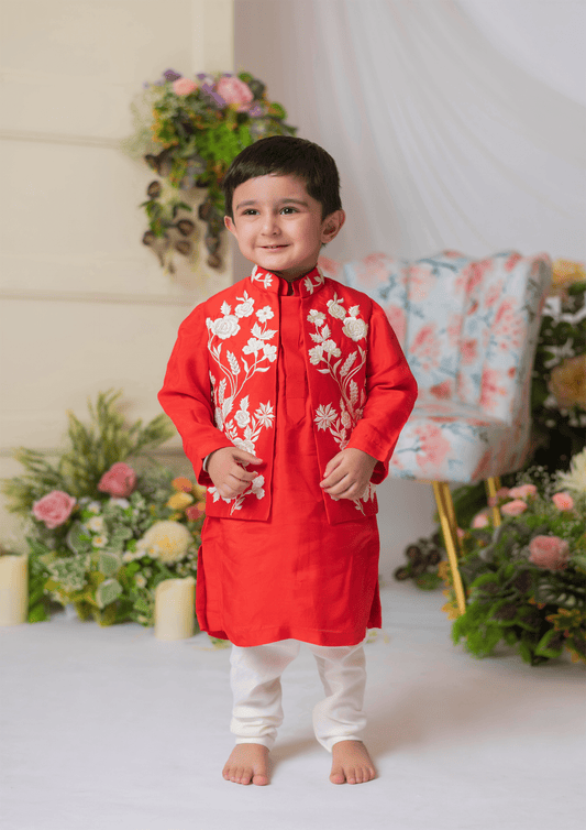 Red And White Embroidered Nehru With Kurta And Churidar