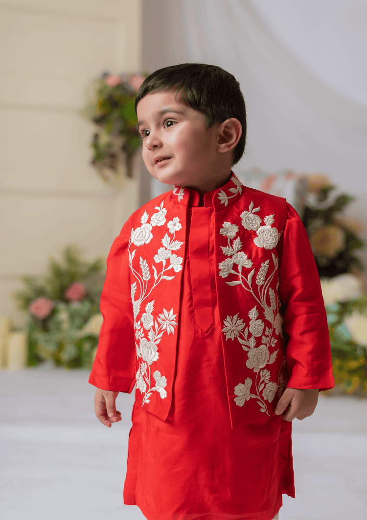 Red And White Embroidered Nehru With Kurta And Churidar