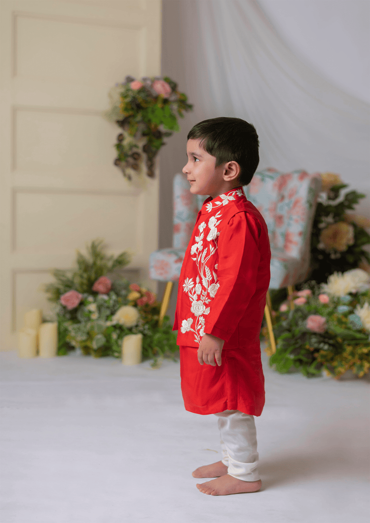 Red And White Embroidered Nehru With Kurta And Churidar