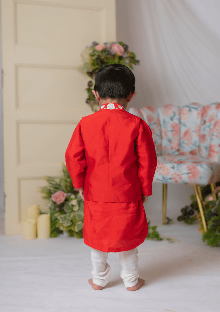 Red And White Embroidered Nehru With Kurta And Churidar