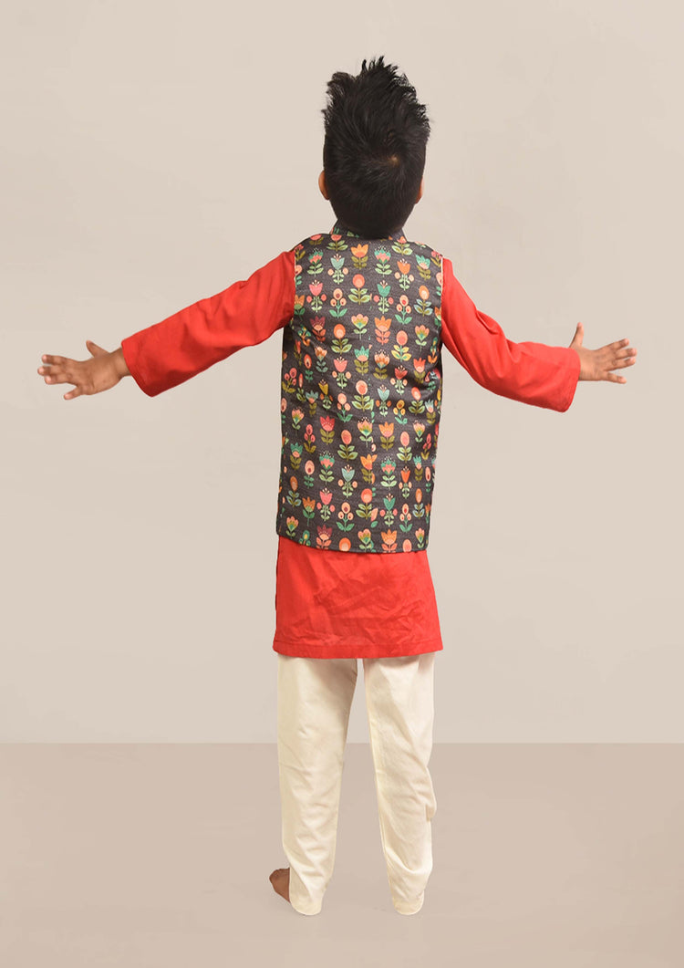 Red Grey Floral Nehru Set