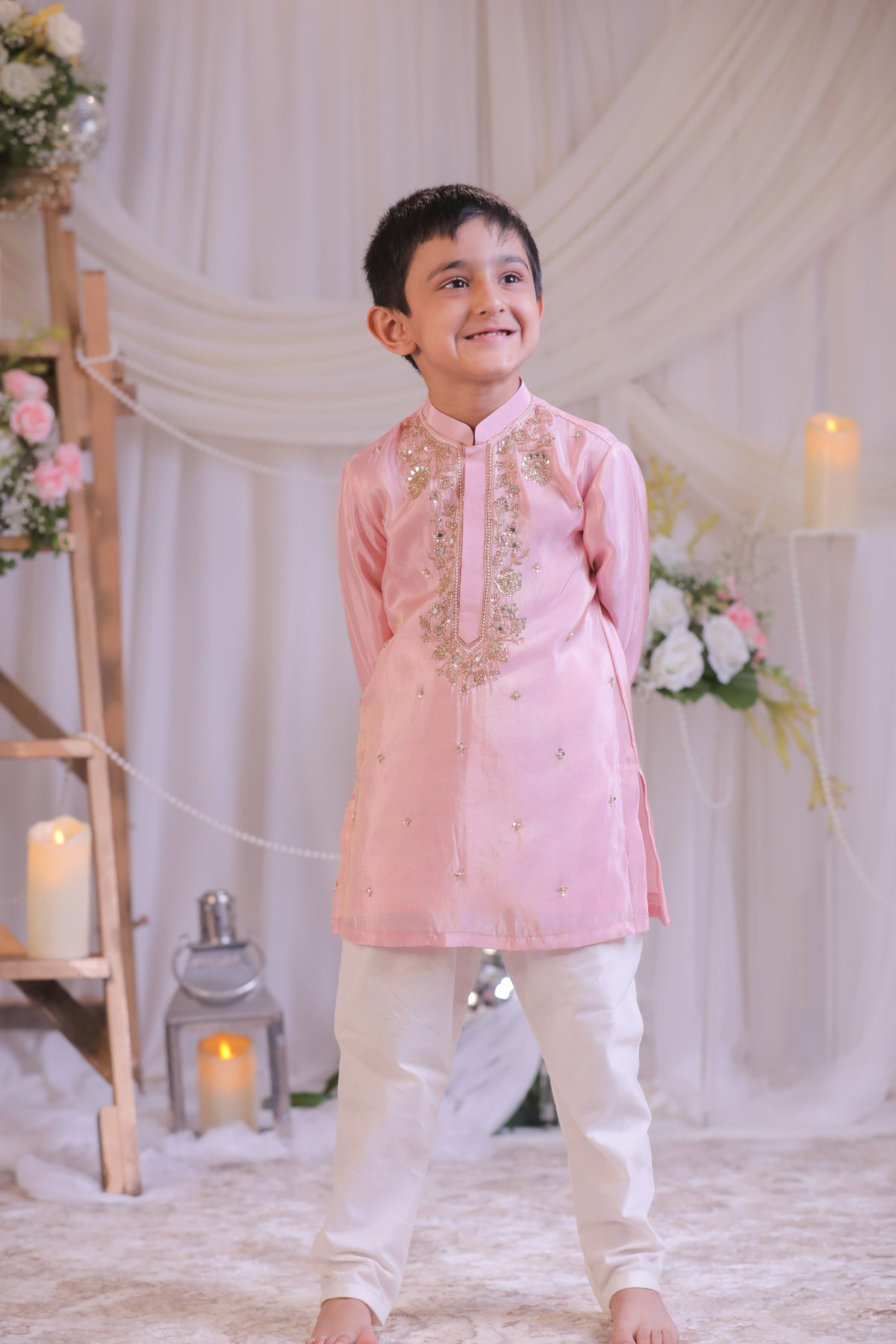 Shimmery Pink Mirror Embroidered Silk Kurta With Churidar
