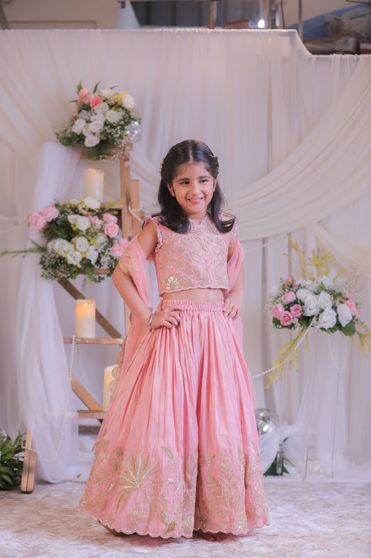 Peach Shimmery Embroidered Top With Shimmery Flared Lehenga And Dupatta