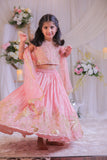 Peach Shimmery Embroidered Top With Shimmery Flared Lehenga And Dupatta