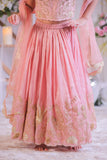 Peach Shimmery Embroidered Top With Shimmery Flared Lehenga And Dupatta