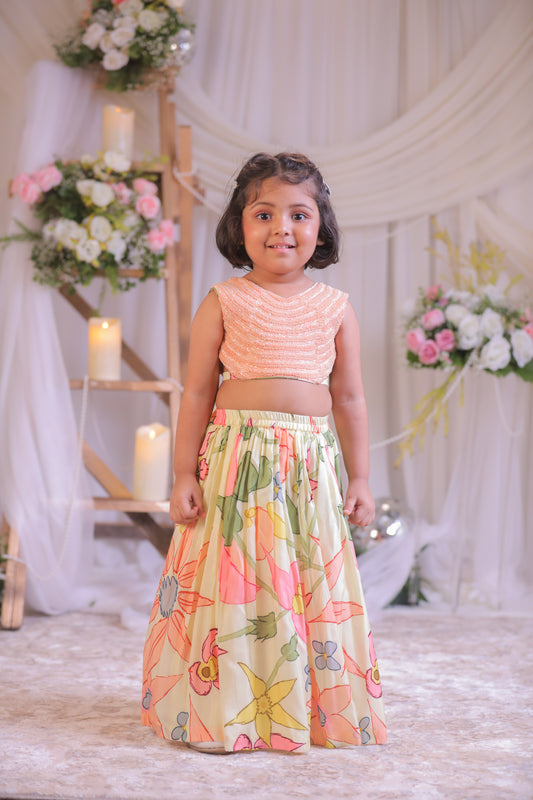 Peach Kutdana Embroidered Blouse With Floral Ghaghra