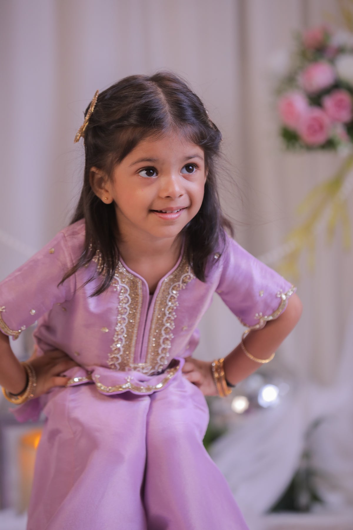 Lilac Shimmer Pearl Embroidered  Kurti With Palazzo And Dupatta