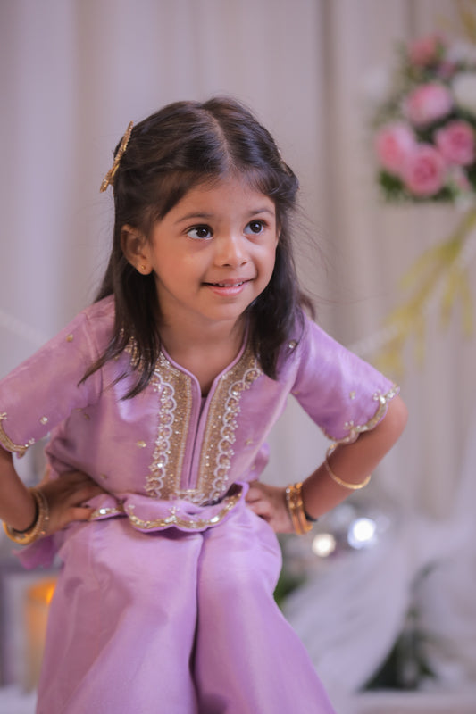 Lilac Shimmer Pearl Embroidered  Kurti With Palazzo And Dupatta