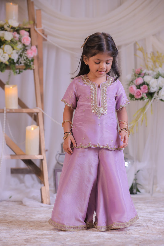 Lilac Shimmer Pearl Embroidered  Kurti With Palazzo And Dupatta