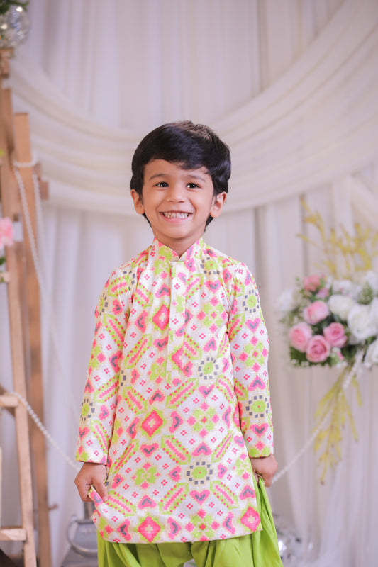 White Green Ikkat Kurta Patiala