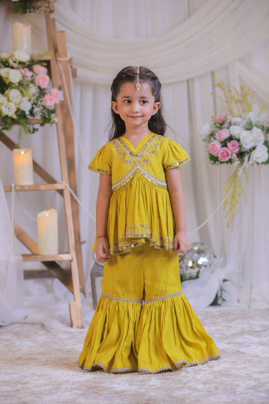 Mustard Embroidered Peplum Top And Sharara