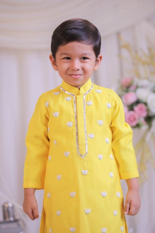 Yellow Lotus Embroidered Kurta With Churidar