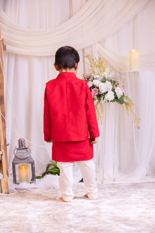 Red Dori Embroidered Kurta Churidaar With Jacket