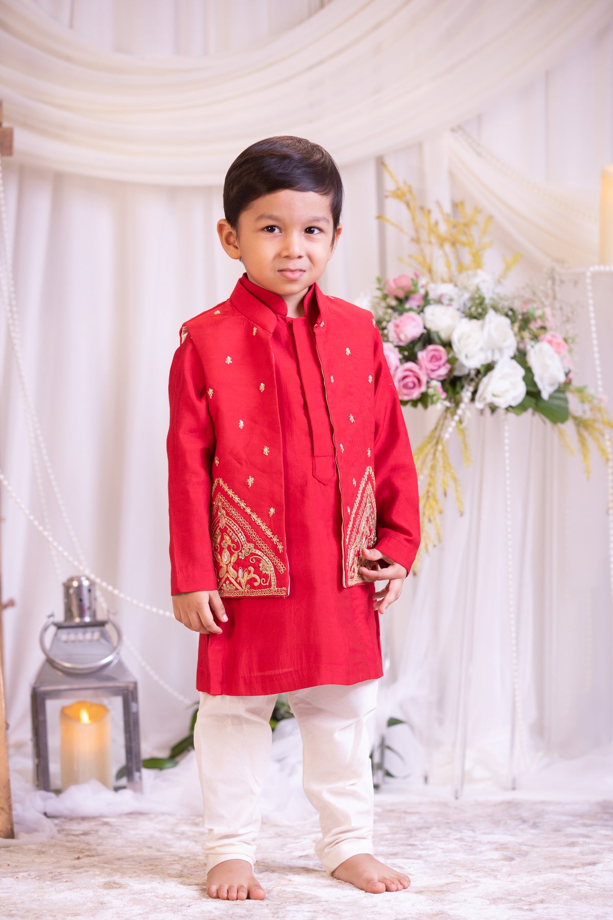 Red Dori Embroidered Kurta Churidaar With Jacket