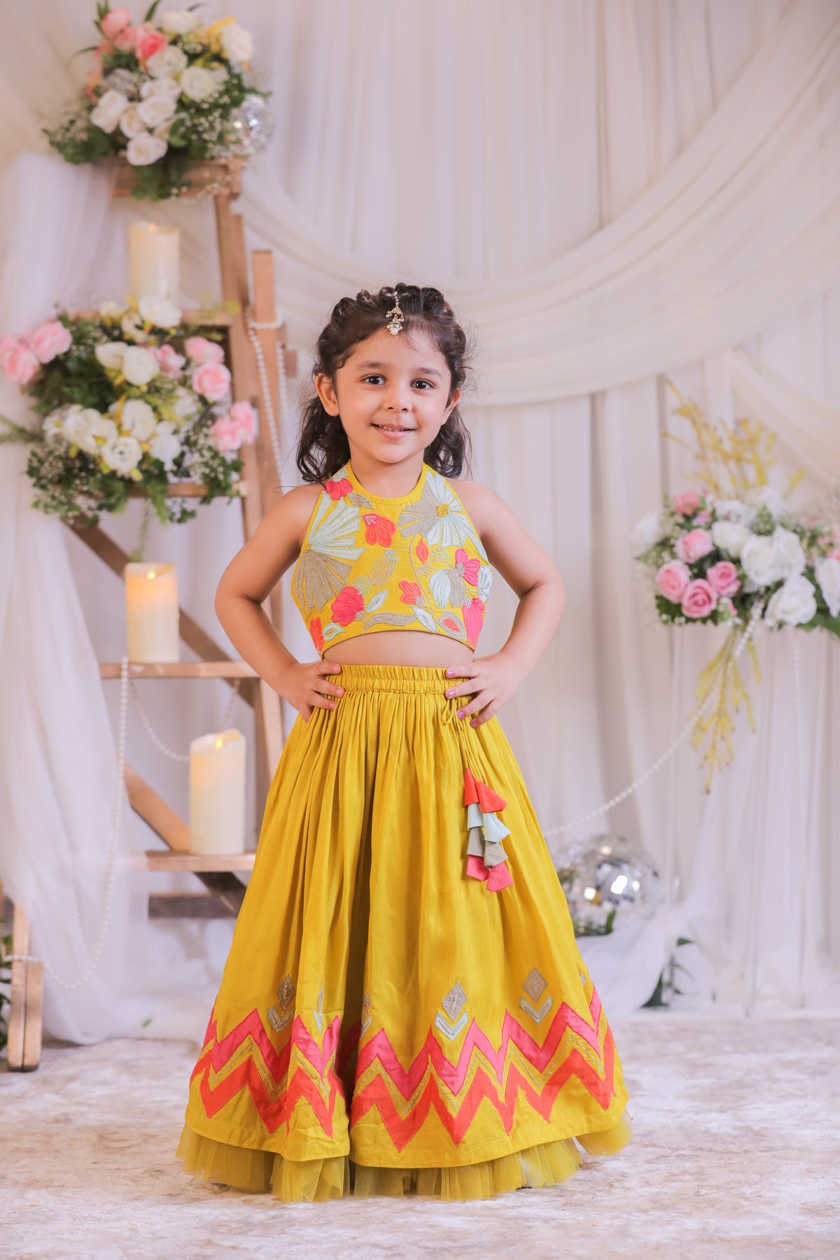 Mustard Multi colored Applique Ghaghra Set