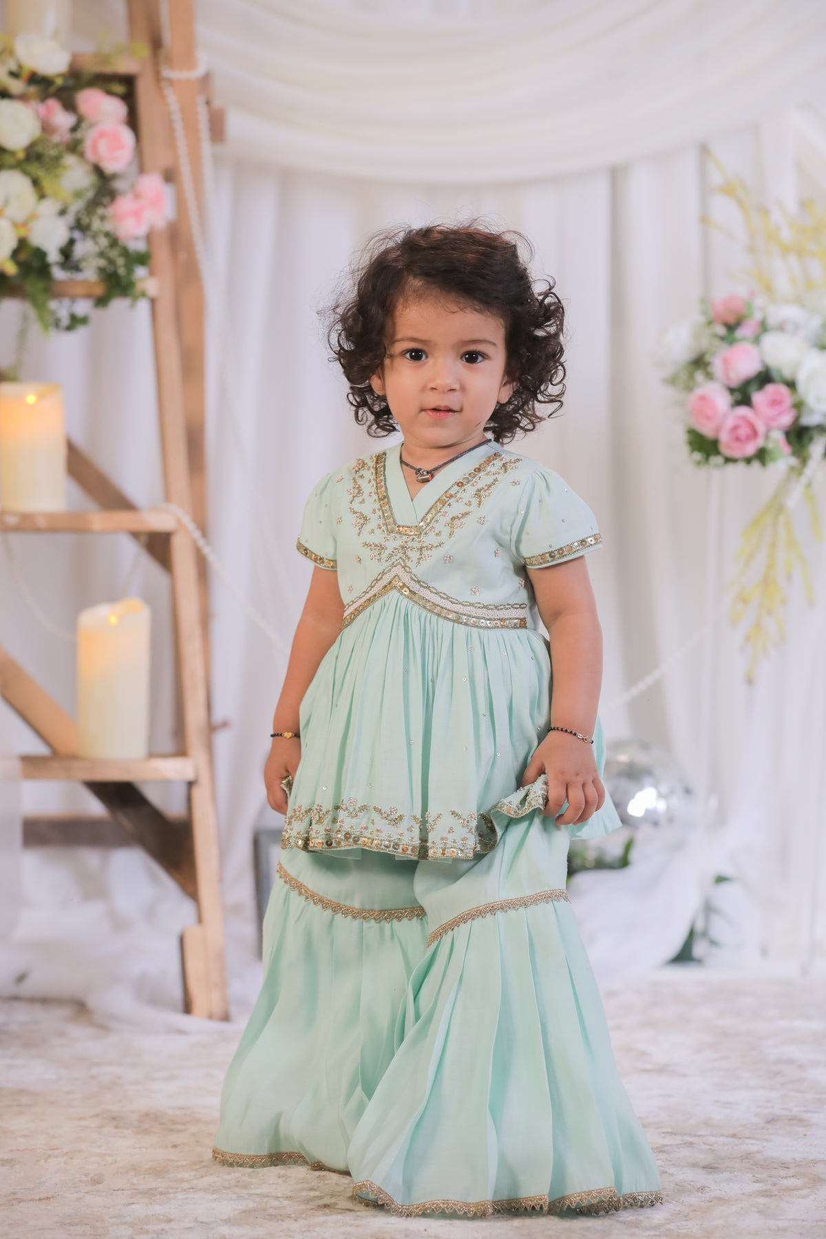 Sea Blue Embroidered Peplum Top And Sharara
