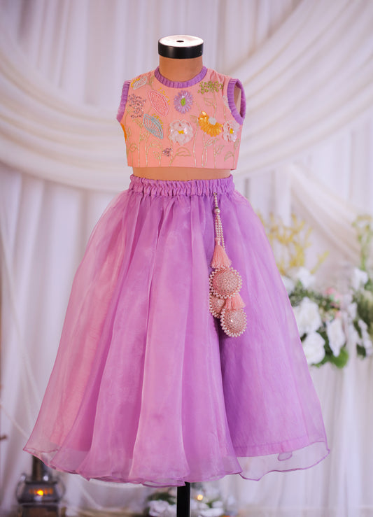 Lilac Peach Embroidery Ghaghra