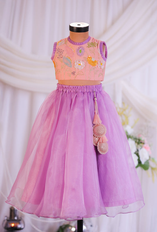 Lilac Peach Embroidery Ghaghra