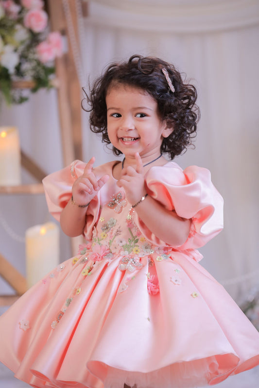 Peach Embroidery Luxury Satin Dress