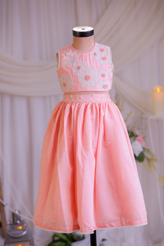 Peach Floral Embroidered Top With Silk Lehenga And Dupatta