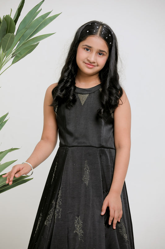 BLACK SATIN EMBOIDERED GOWN WITH DETACHABLE RUFFLE DRAPE