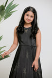 BLACK SATIN EMBOIDERED GOWN WITH DETACHABLE RUFFLE DRAPE