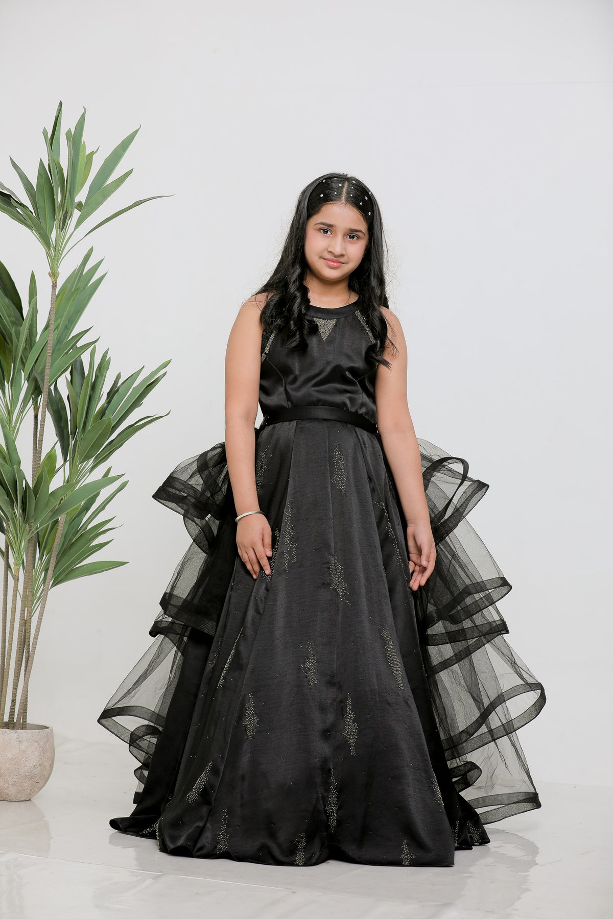 BLACK SATIN EMBOIDERED GOWN WITH DETACHABLE RUFFLE DRAPE