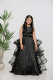 BLACK SATIN EMBOIDERED GOWN WITH DETACHABLE RUFFLE DRAPE