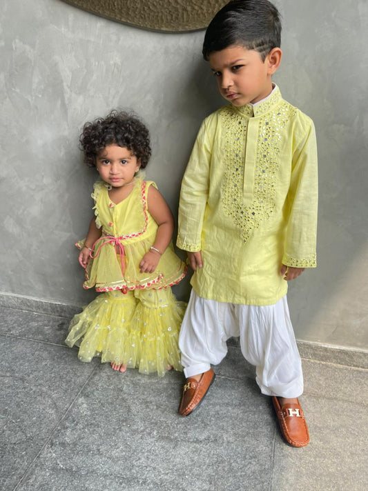 Yellow Mirror Embroidery Kurta Patiala