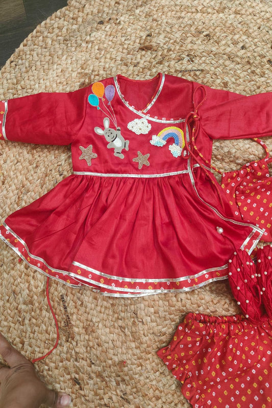 Red Bandhej Jaamna frock with cute embroidery