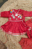 Red Bandhej Jaamna frock with cute embroidery